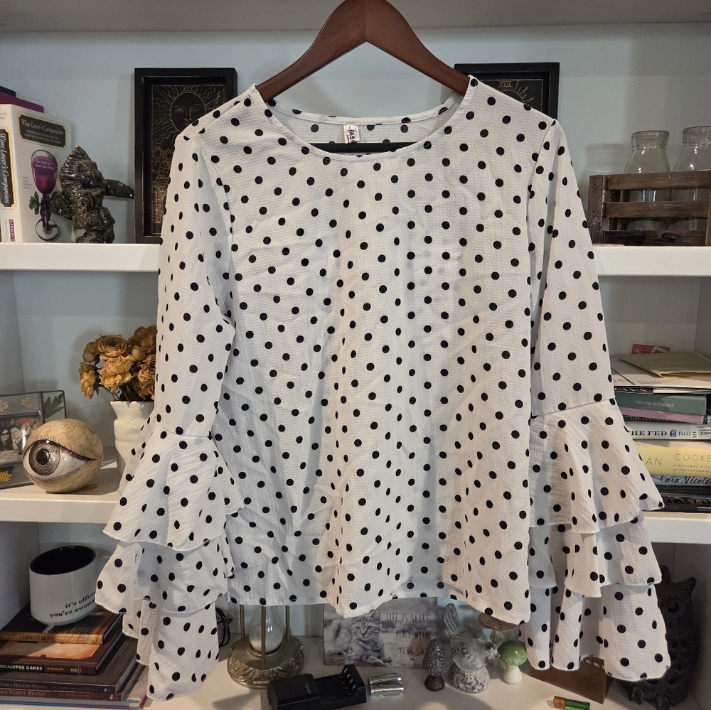 Polka Dot Ruffle Sleeve Top, Size L